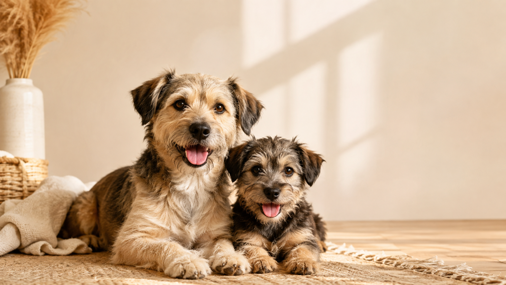 Dos perros descansando juntos sobre una alfombra en un hogar cálido